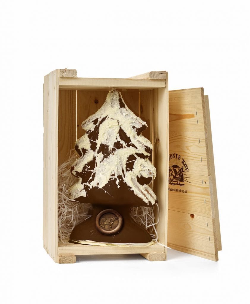 Luxe chocolade kerstboom in houten geschenkkist