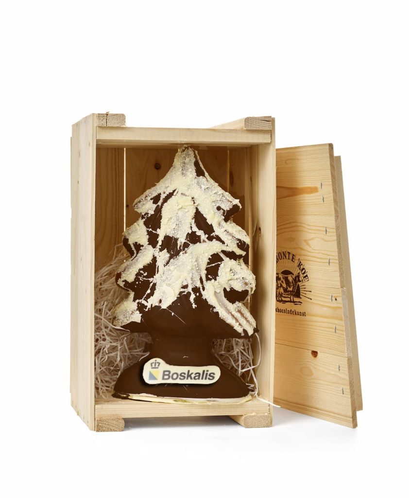 Gepersonaliseerde chocolade kerstboom in houten kist
