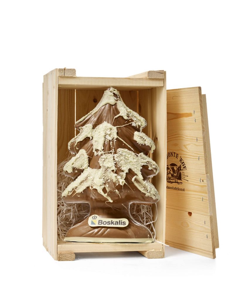 Gepersonaliseerde chocolade kerstboom in houten kist