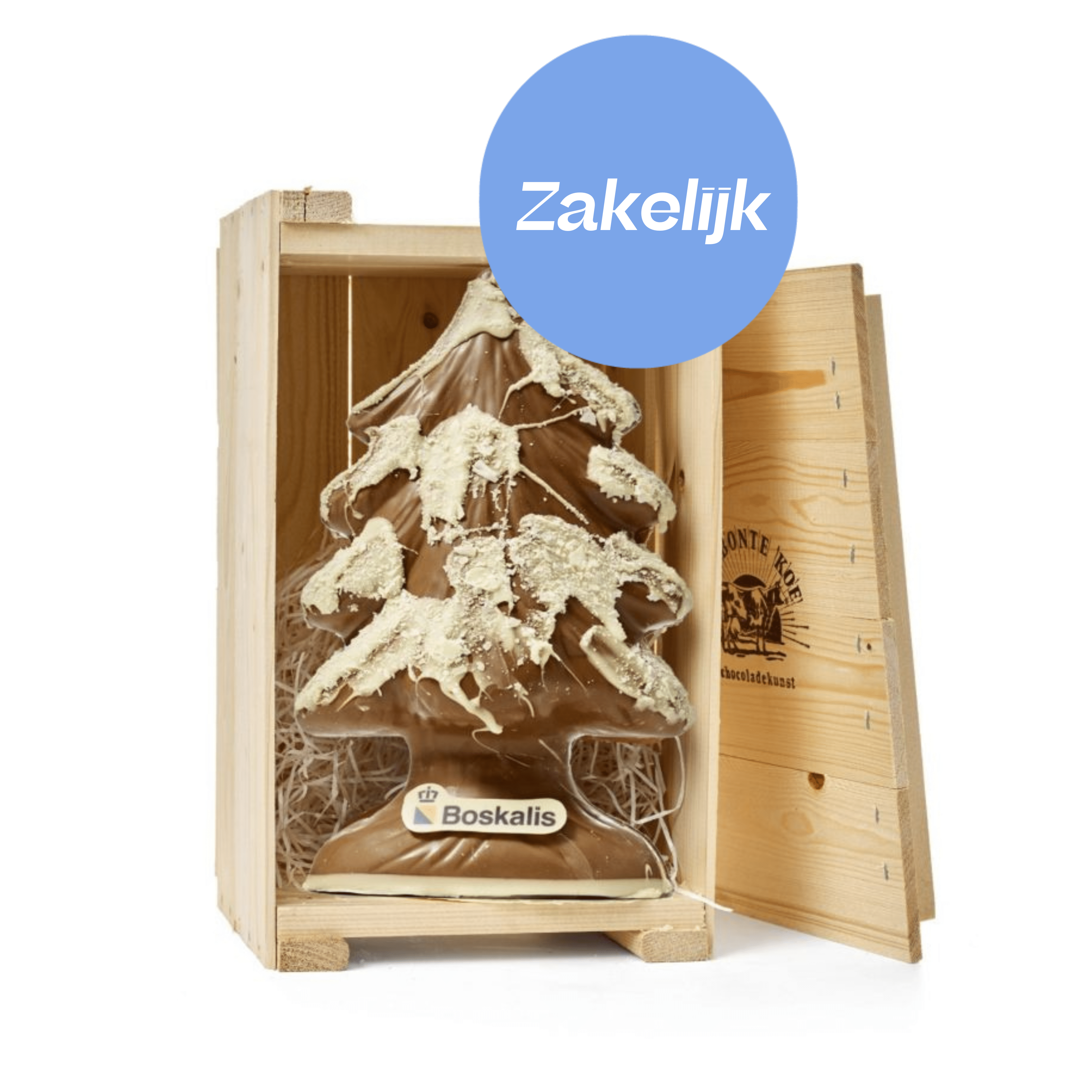 Gepersonaliseerde 3D chocolade kerstboom met logo in een houten kist